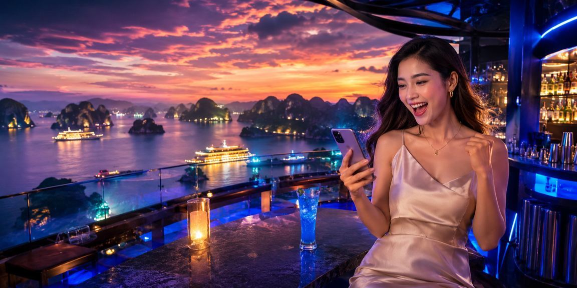 Người dùng tại Vịnh Hạ Long dùng điện thoại chơi casino di động 949 với cảnh biển phía sau