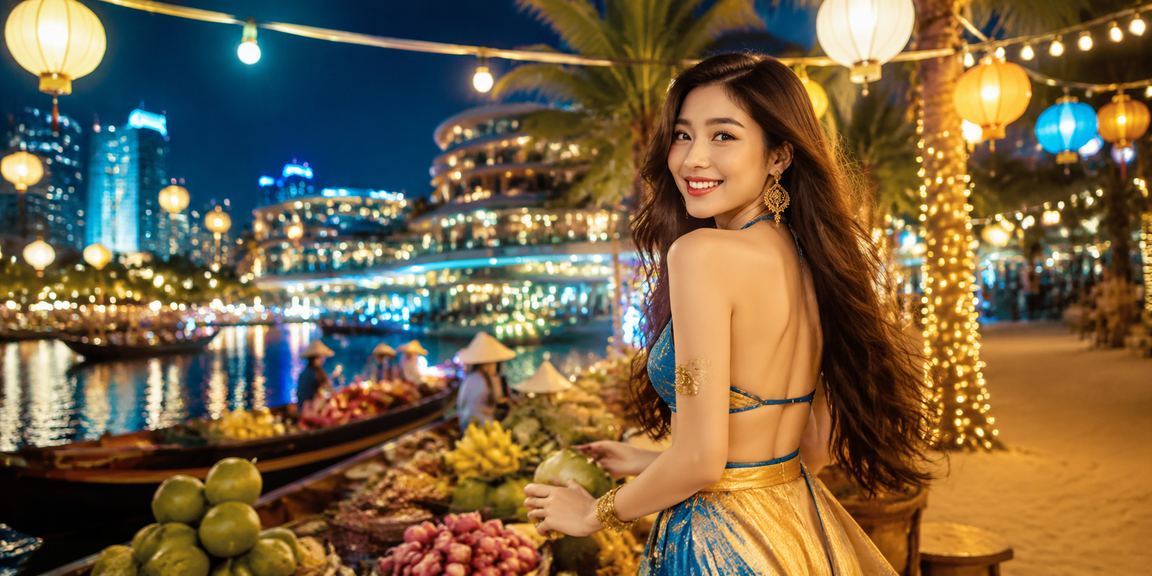 Không gian chợ đêm Mekong với ánh đèn lung linh, người dùng tham gia cá cược trực tuyến buổi tối