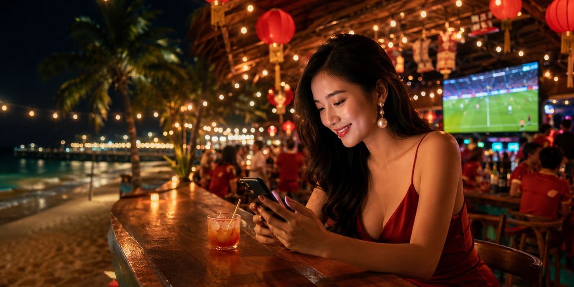 Người chơi dùng điện thoại chơi slot tại bãi biển Phú Quốc với 949